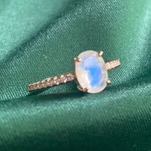 AAA+ Rainbow Moonstone & White Topaz Ring | 14K Rose Gold Over Sterling Silver